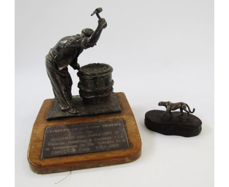 Silver filled model of a barrel maker coopering, Birmingham 1985, maker GWL, on an oak base with presentation plaque, 13cm hi