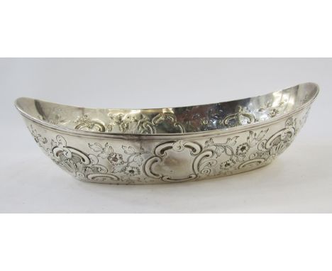 Victorian silver bowl, London 1896, Edward Barnard &amp; Sons, of boat form, the sides with embossed decoration of flowers an