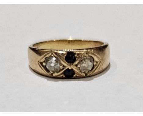 Gold coloured metal diamond and sapphire ring, set old cut stones within lozenge setting, size H