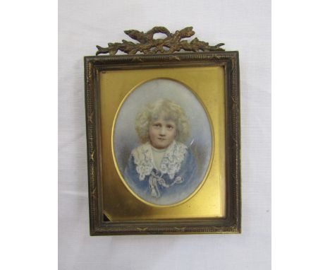 Edwardian portrait miniature&nbsp;of a young child in a blue and lace jacket, oval on ivory, 7cm x 5.5cm, IVORY EXEMPTION REF