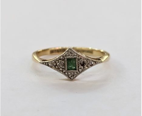 Gold, emerald and diamond ring, the central cut emerald surrounded by four eight cut diamonds in a lozenge-shaped head, marke