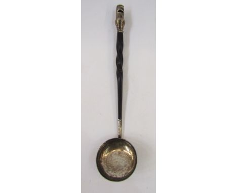 18th / 19th century combination toddy ladle and whistle, the white bowl engraved to the centre with a fish and ' Keep me some