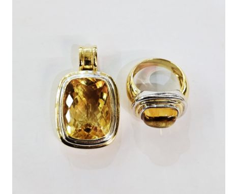 18ct yellow and white gold modern ring set rectangular cabochon citrine in stepped mount and similar 18ct yellow and white go