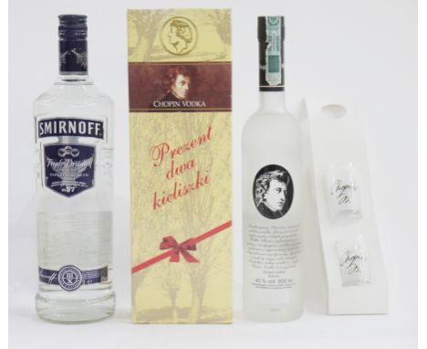 Smirnoff triple distilled no 57 blue labelled vodka, duty free bottling, 1L, 45% vol, together with a Chopin vodka 40% vol 50