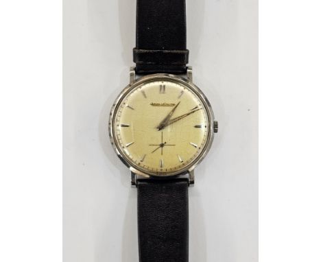 Mid century Jaeger-Le Coultre gentleman's steel cased wrist watch, with baton hour markers, serial number 645097, on brown le