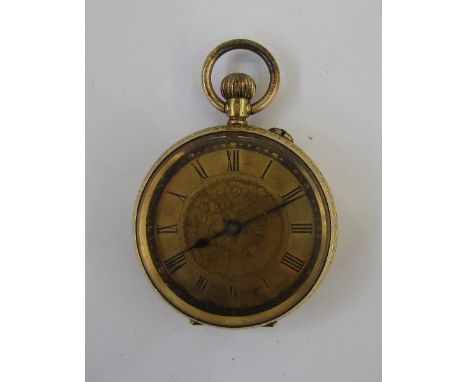 Lady's gold open-faced fob watch, the engine turned dial with Roman numbers, the case with engraved decoration, marked 18K&nb