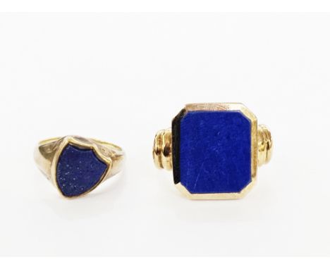 Gold coloured signet ring set with shield shape lapis lazuli, unmarked, 5gms approx, size J 1/2, and another similar set with