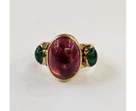 Please note this ring is 18 ct not 16ct gold --------18ct gold, tourmaline and emerald dress ring set large oval cabochon tou