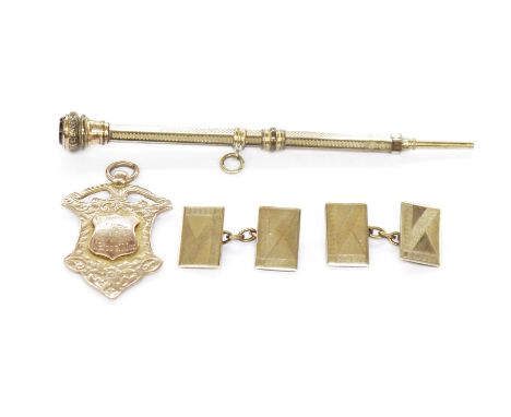 9ct gold fob with sporting prize engraving for 1921, approx. 7.6g, a gilt metal propelling pencil&nbsp;and a pair of rolled g