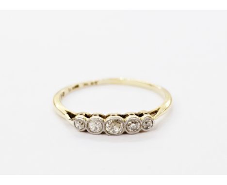Gold graduated five-stone diamond ring set with old cut diamonds, marked 18ct PLAT, finger size R 1/2, approx 2g