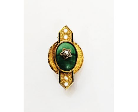 Gold coloured enamel and malachite bar brooch, the oval central malachite mounted on a circular disc and flanked with enamel 