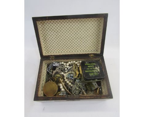 Quantity costume jewellery to include brooches, marcasite and others in inlaid wooden box&nbsp;