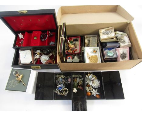 A quantity of brooches, a quantity of animal and other charms, Swarovski rose brooch and other costume jewellery (1 box and 1