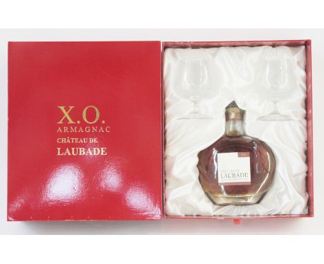 Chateau de Laubade Bas Armagnac XO cased gift set bottle circa 2008 40% vol 70cl, the box opening to reveal two matching glas