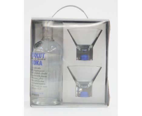 Absolut vodka gift set comprising a 700ml bottle of Absolut vodka 40% vol with two matching Absolut glasses