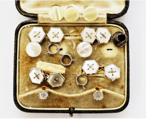 Pair of gold and mother of pearl cufflinks of hexagonal design with central wire decoration, marked 9ct, with a pair of match