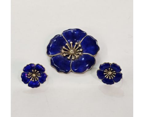 Danish silver and enamel blue poppy-type flower brooch and matching pair of earrings&nbsp;by the Dansk Guldsmede-Handvaerk&nb