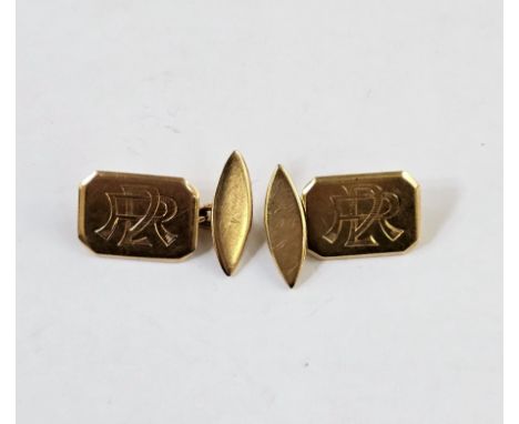 Pair of 14ct gold cufflinks&nbsp;of rectangular form with chamfered corners, engraved with monograms with chain links, marked