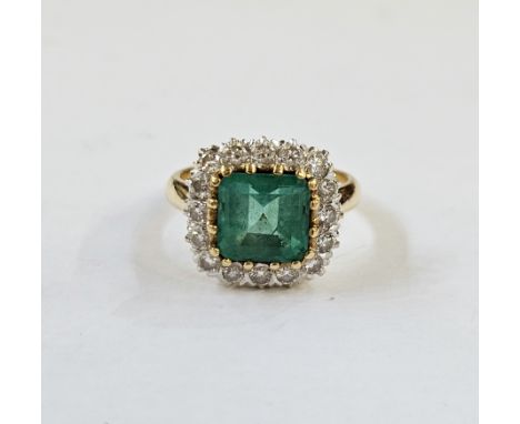 18ct gold, emerald and diamond dress ring, emerald 9mm x 9mm approx, stamped 750, finger size M1/2&nbsp;Condition ReportOvera