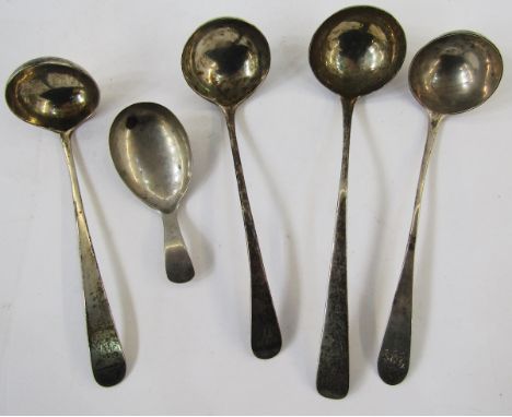 Four George III silver sauce ladles, all old English pattern with round plain bowls, assay marks including two Newcastle and 