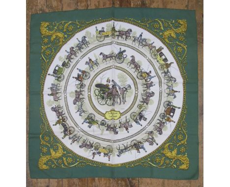 Hermes silk scarf - La Promenade de Longchamps designed by Phillipe Ledoux - green border, rolled edges