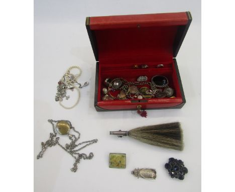 Quantity silver and costume jewellery&nbsp;including earrings, pendants, rings, in red leather-bound jewel box&nbsp;