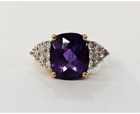 18ct gold, amethyst and diamond dress ring set rectangular cushion-shaped amethyst, finger size N&nbsp;Condition ReportOveral