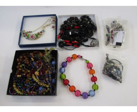 A quantity of glass bead necklaces, a modern heart pattern pendant and other costume jewellery (4 boxes)