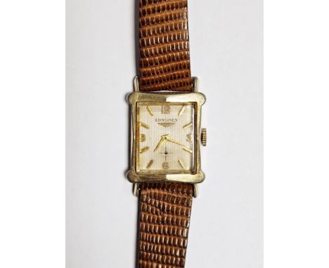 Vintage Longines manual wind wristwatch, 10k gold plated case, the rectangular dial having raised gilt hour markers with quar