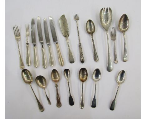 Collection of silver flatware dating from George III onwards, including a Victorian spoon &amp; fork set with bright cut foli