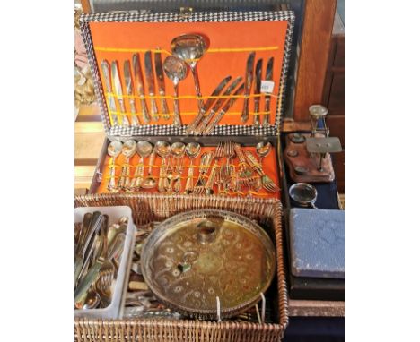 A canteen of silver plated cutlery, together with other loose and boxed assorted flatware, a silver plated tray, silver plate