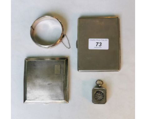 A hallmarked silver cigarette case, Birmingham 1934 and a silver bangle, together with a silver plated cigarette case and pen