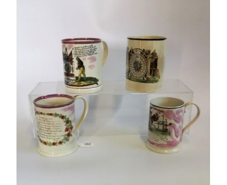 A collection of early 19th century creamware and lustre commemorative mugs, to include: Trafalgar frog mug, Forget Me Not, Ma