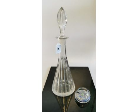 A Whitefriars panel cut paperweight with Latino and butterfly panels, one cane marked 1999, together with a ribbed conical cu