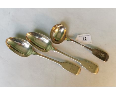 Two hallmarked silver 19th century Fiddle pattern tablespoons, bearing lion crests, together with a fiddle pattern sauce ladl