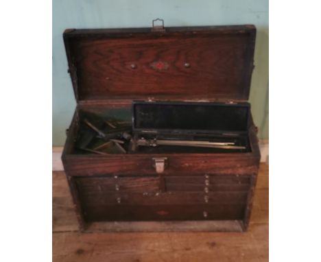 A vintage wooden engineers work toolbox, branded inside lid Neslein Tool Chest, together with an assortment of engineering an