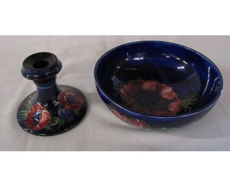 Moorcroft anemone pattern bowl D 16 cm H 6.5 cm (slight wear to part of tubing) and candlestick H 9 cm
