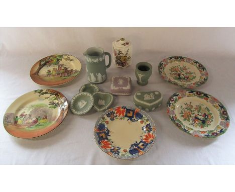 Assorted Wedgwood jasperware (jug af), Masons plates and tea caddy (caddy af) and Royal Doulton plates