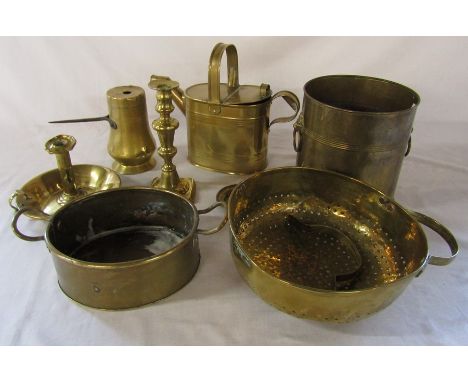 Assorted brass ware inc. hot water watering can and candlestick