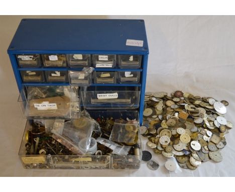 Small cabinet containing some watch parts &amp; tools &amp; a large quantity of watch dials