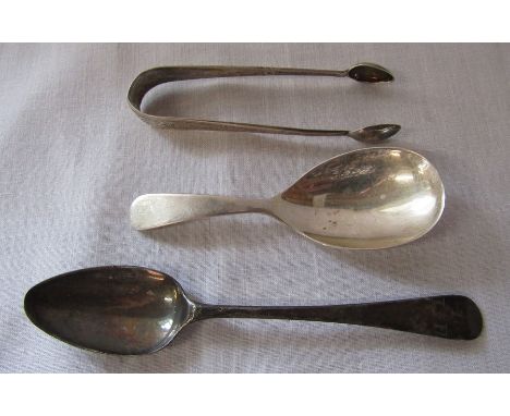 Georgian silver teaspoon, caddy spoon Birmingham 1966 and sugar tongs London 1891 total weight 1.38 ozt