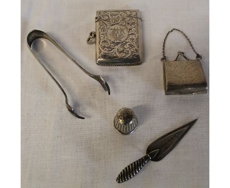 Silver vesta case Birmingham 1927, small silver bag on chain London 1992, silver trowel bookmark Birmingham 1897, silver thim