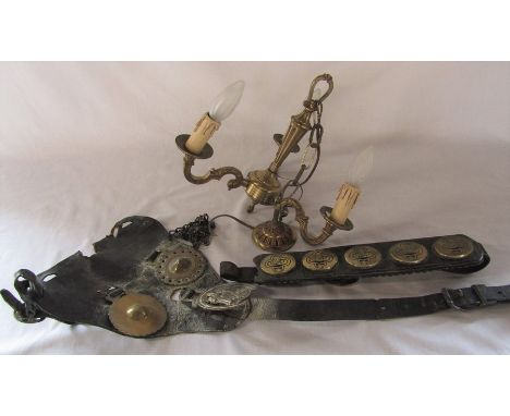Horse brasses and a brass light fitting