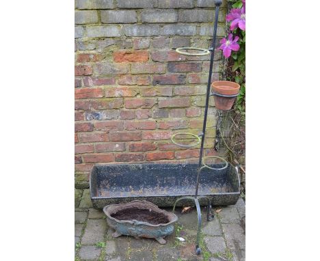 Cast iron pig trough, planter and wrought iron plant stand