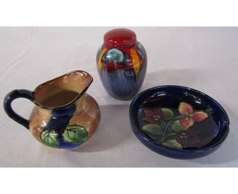 Small Moorcroft bowl D 12 cm (chip/repair to rim), Poole lidded vase H 10 cm &amp; a H &amp; K Tunstall jug