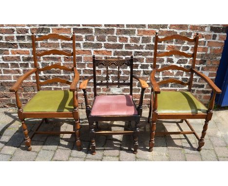 2 ladder back carver chairs and one other
