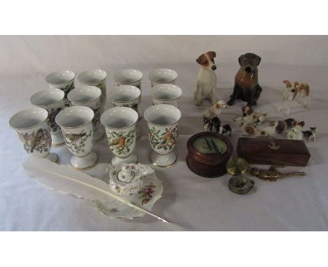12 porcelain bird goblets, inkwell and pen, compass,&nbsp; boatswain's whistle and dog figurines etc