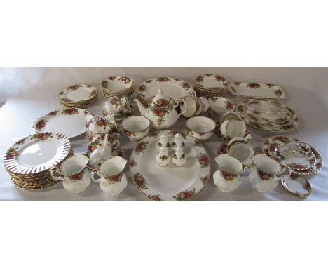 Large quantity of Royal Albert 'Old Country Roses' part dinner service consisting of 12 teacups and saucers, 12 side plates, 