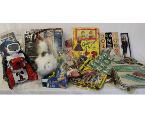 Selection of toys including shop display packs, Funny Flicks flip viewer, Barbie vintage dress, Glamour Girls paper dolls, Bi