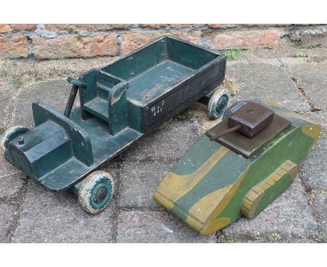 Trench art wooden tank and army lorry stamped British Made